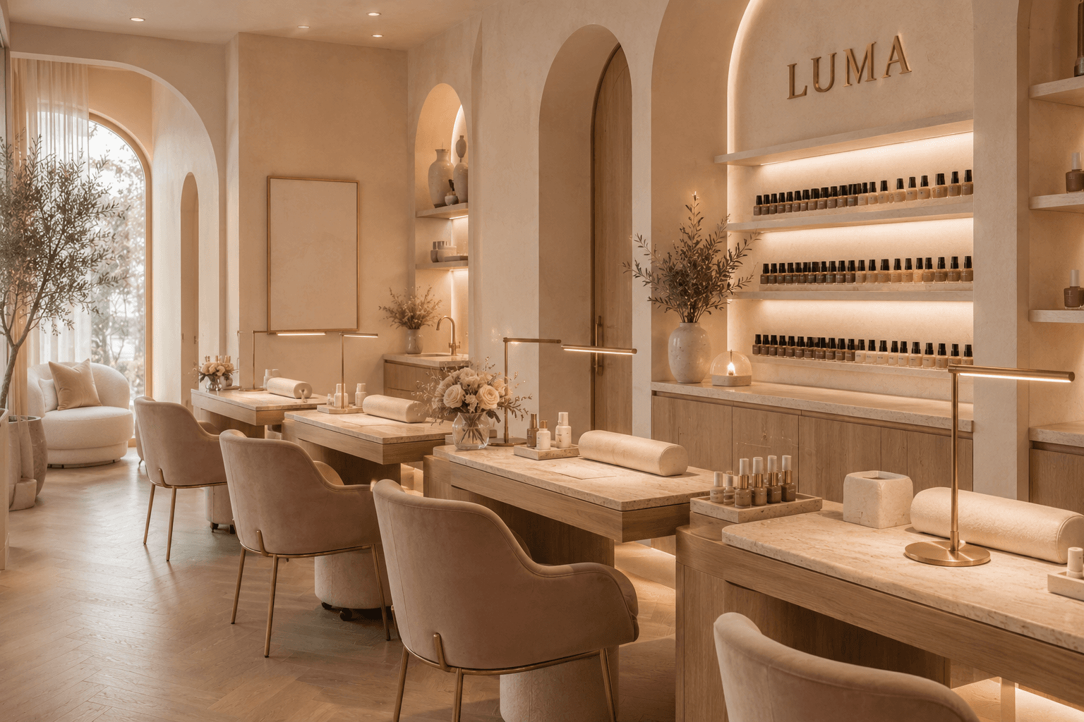 The LUMA nail salon with blush chairs and a wall of polish