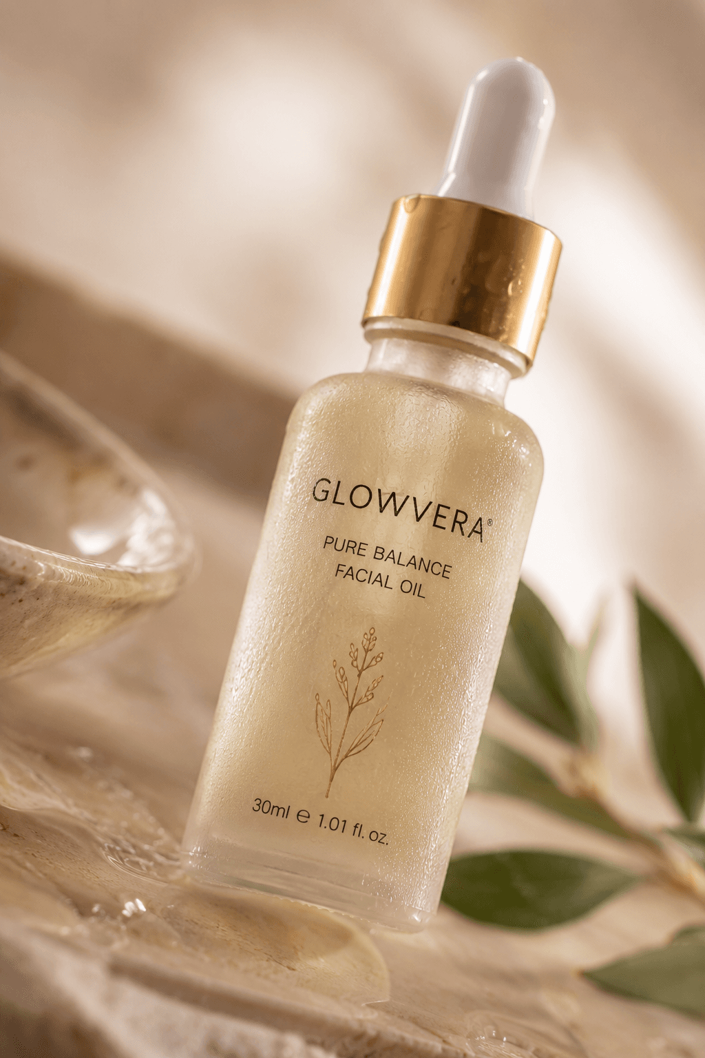 The Glowvera Pure Balance Facial Oil, gold cap catching warm light on wet stone