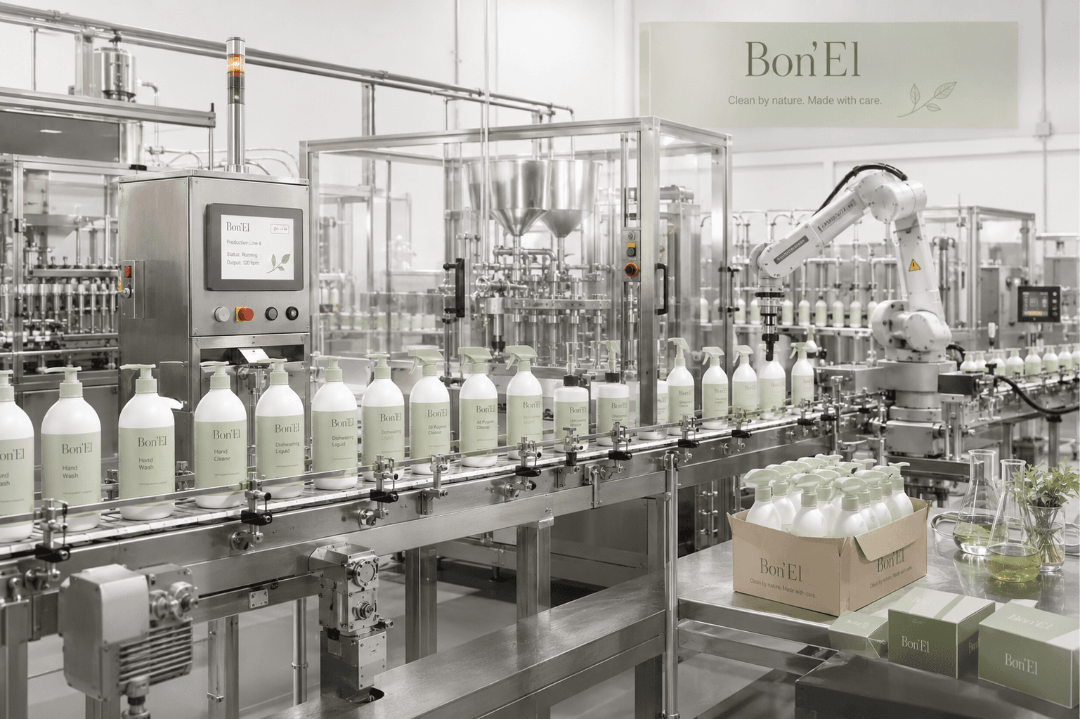 The Bon'El production line, matcha-green bottles being filled and finished