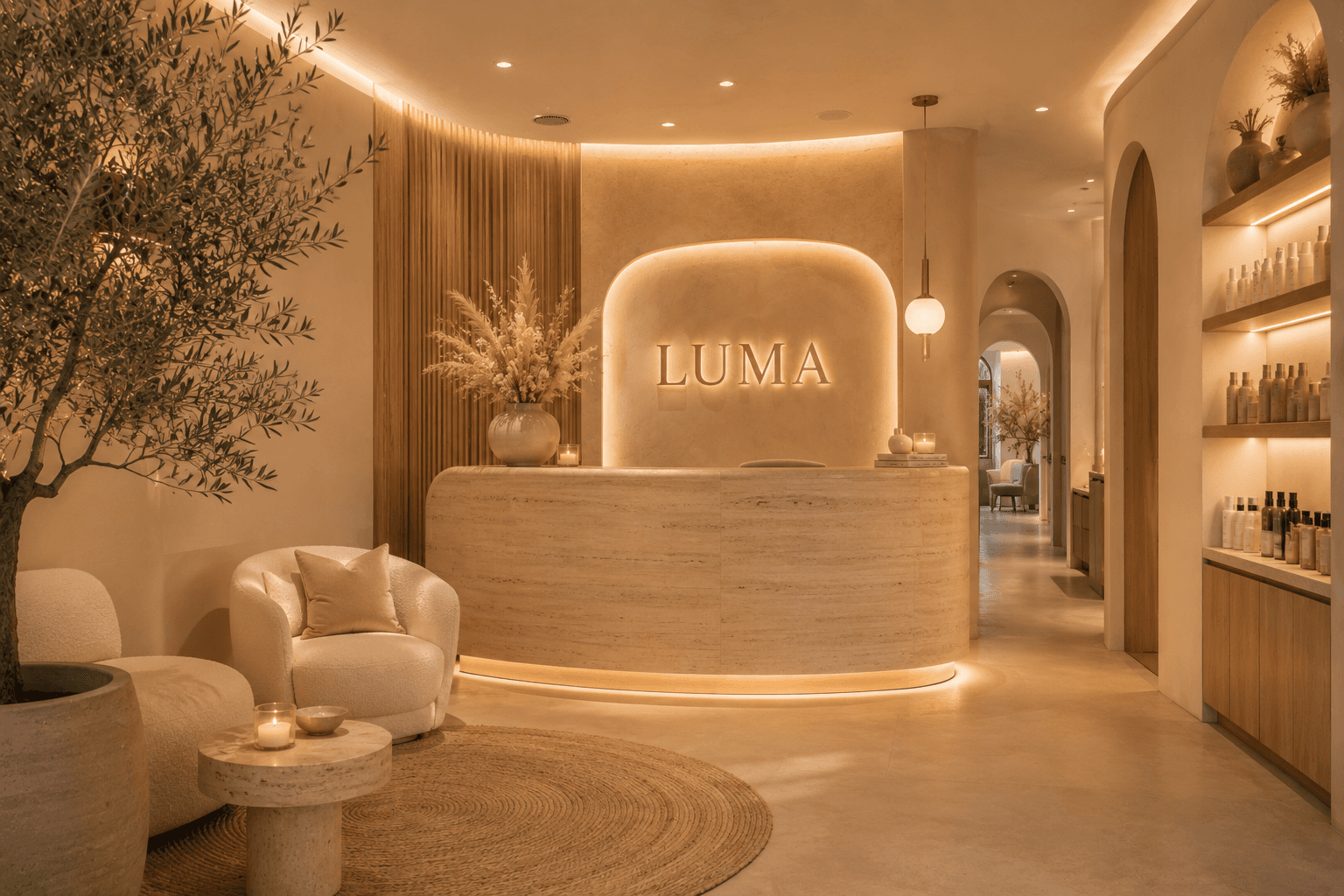 The LUMA reception desk in travertine under a lit arch