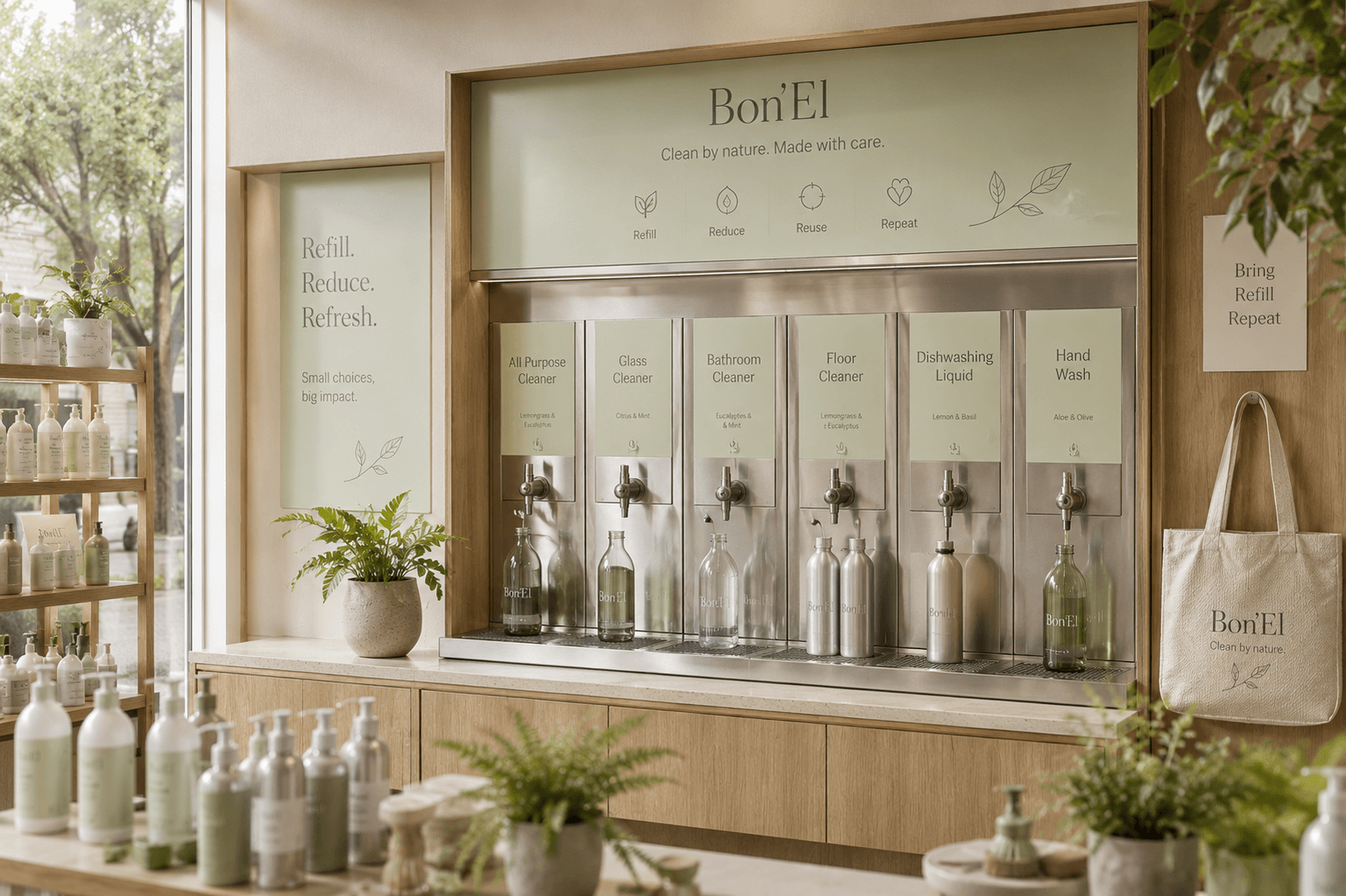 The Bon'El refill bar with six taps of cleaning liquid above glass bottles and a cotton tote