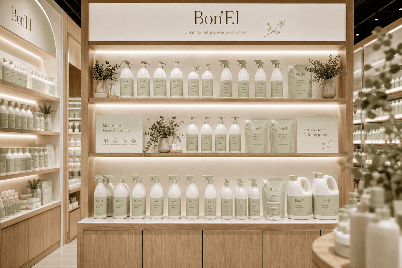 The Bon'El in-store display, shelves of matcha-green bottles beneath the wordmark