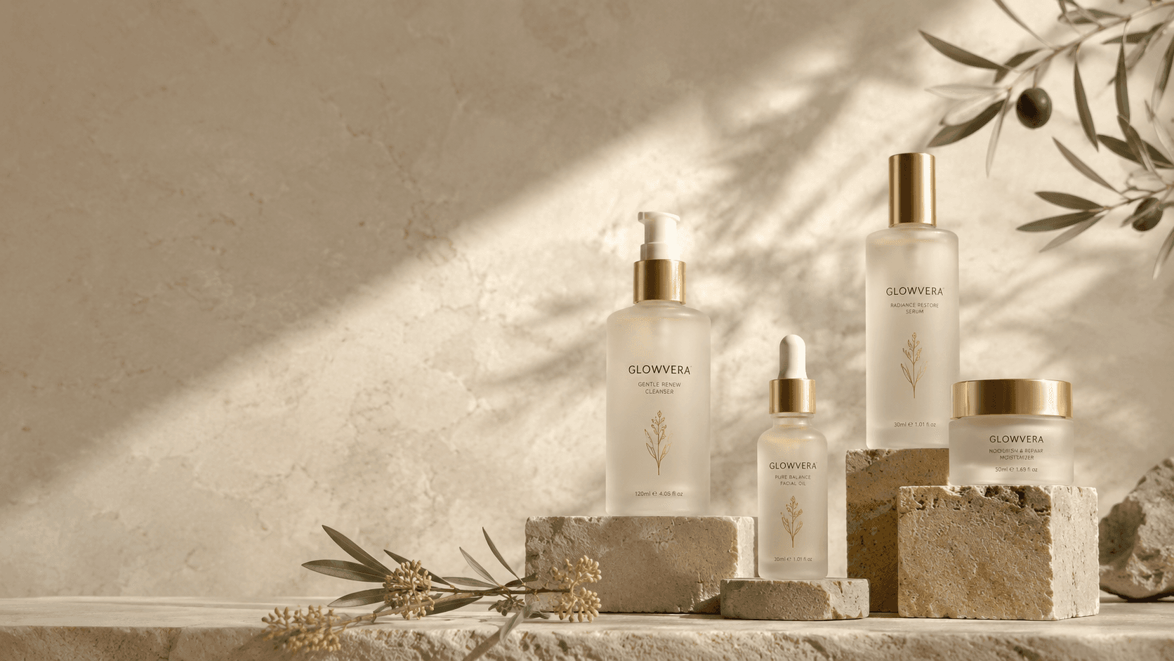 Glowvera bottles on travertine steps, olive-leaf shadows falling across a warm stone wall