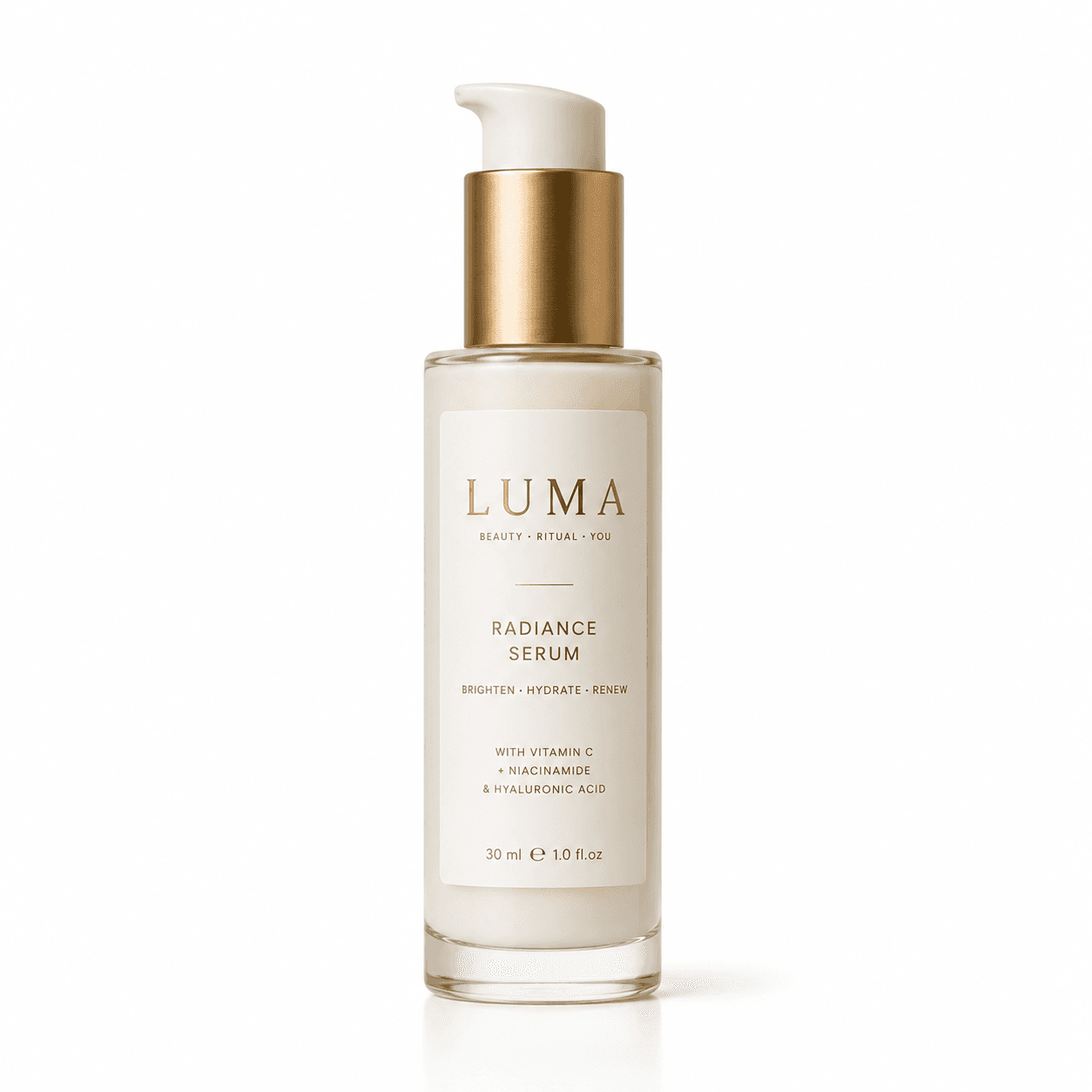 LUMA Radiance Serum pump bottle with a brushed gold cap