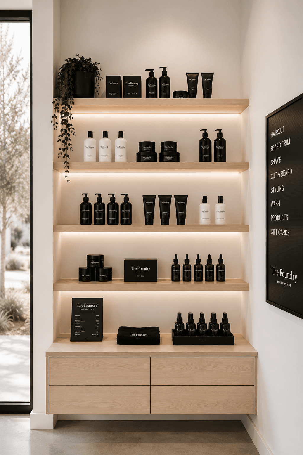 Black and white bottles on lit oak shelves