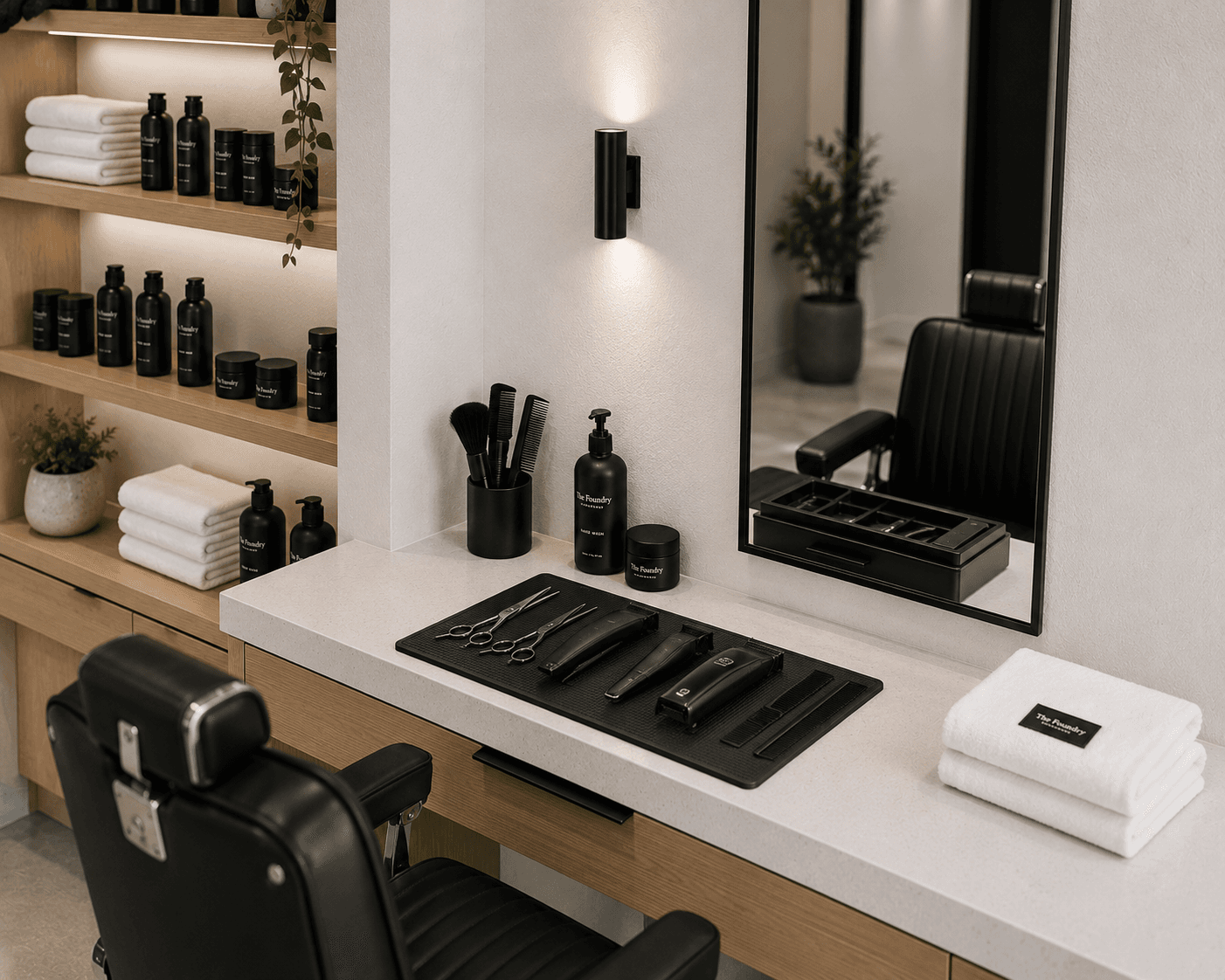 Black tools laid out square on a white barber station