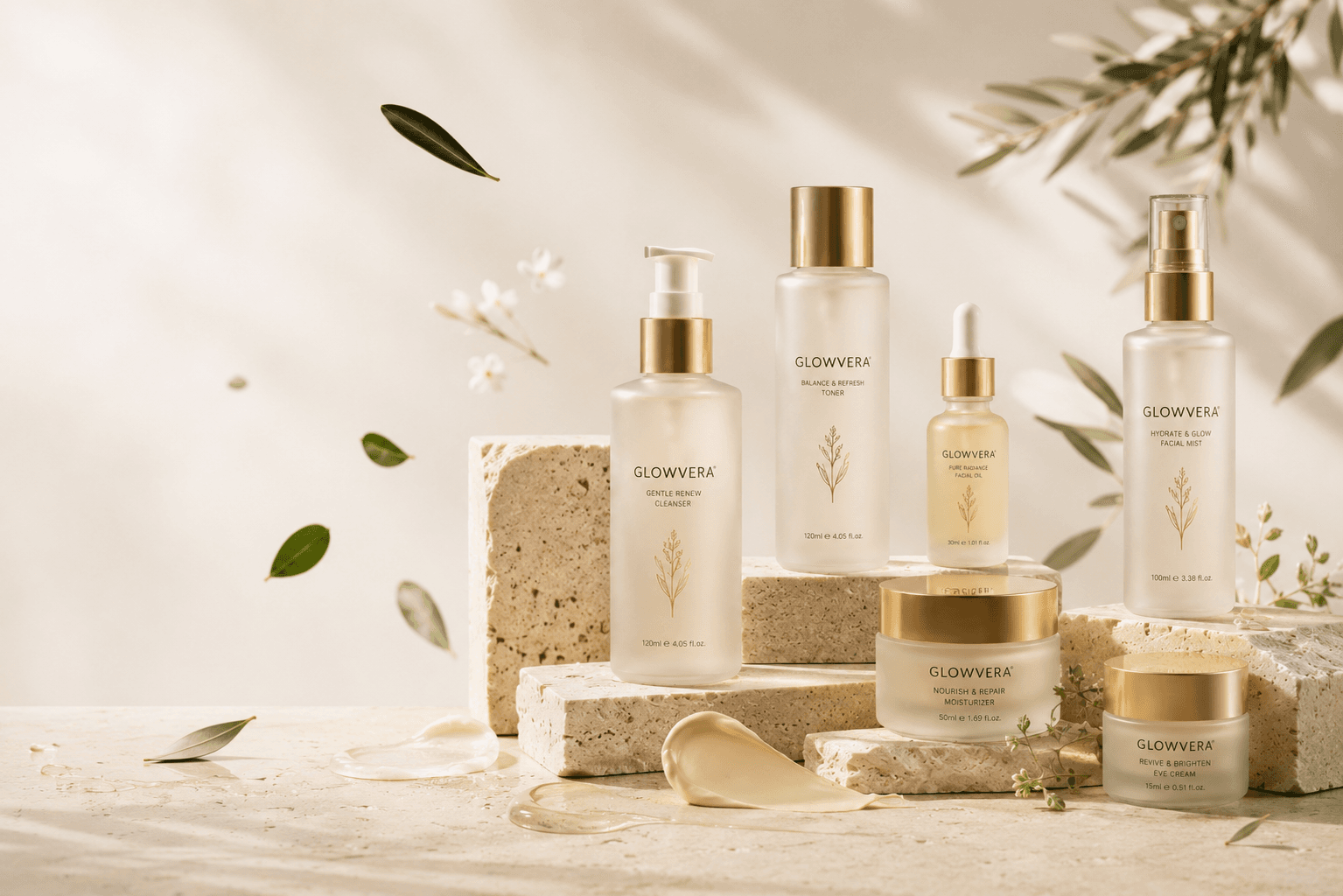 The Glowvera range on travertine with olive leaves drifting through warm light
