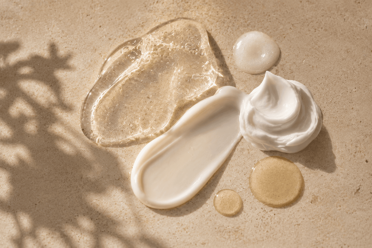 A macro study of the Glowvera gel, cream and oil textures pooled on warm travertine