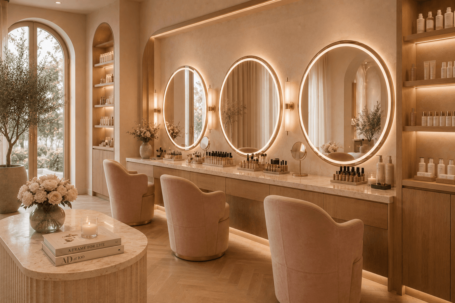 Round lit mirrors and blush chairs at the LUMA vanity wall