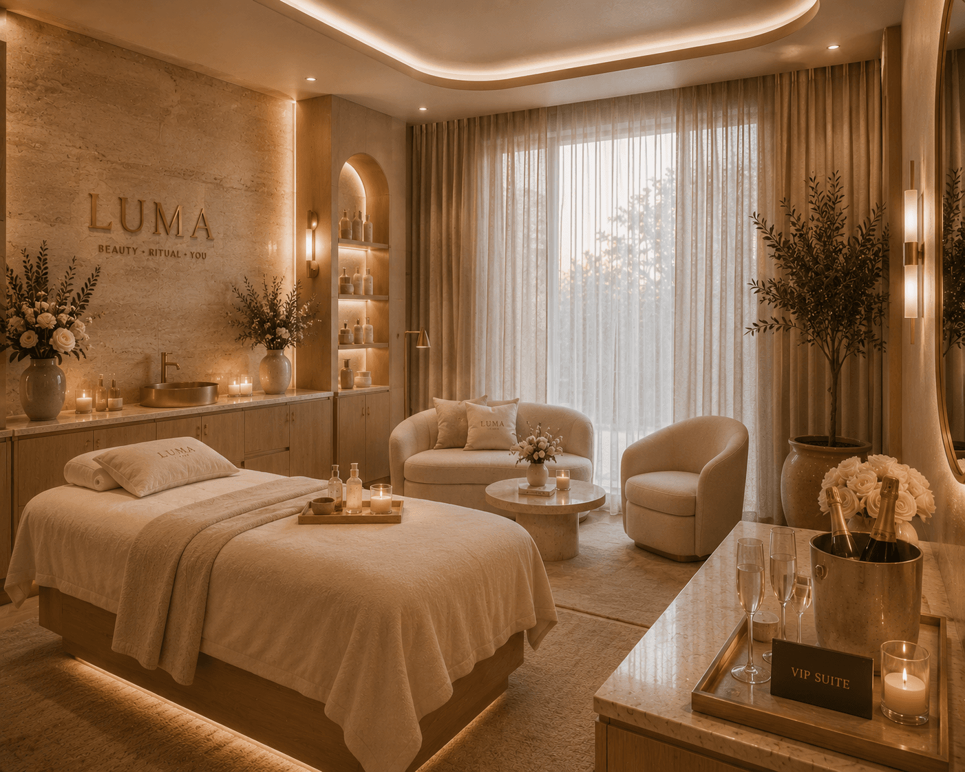 The LUMA VIP suite with champagne on the counter