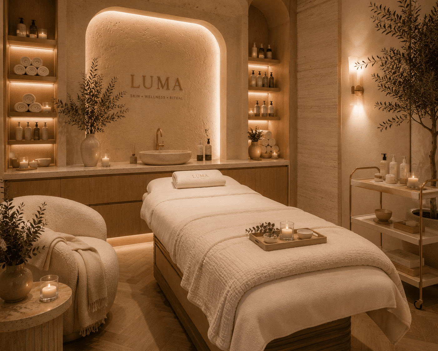 A LUMA therapist preparing the treatment room in golden light