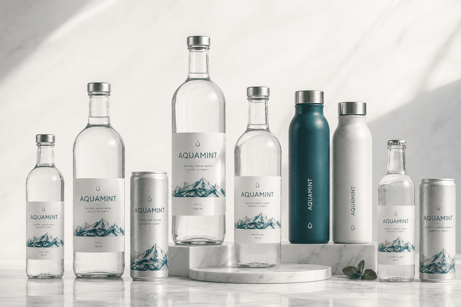 The AquaMint collection with the one litre still bottle at its centre