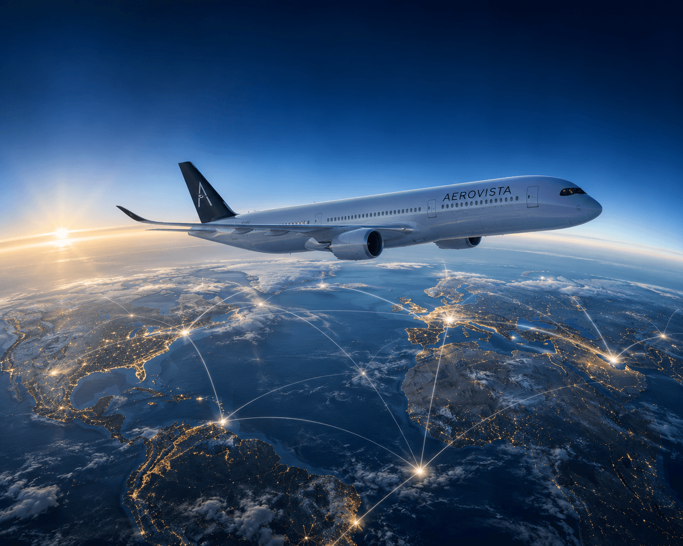 An AeroVista aircraft above the earth at night, city lights and flight paths glowing below