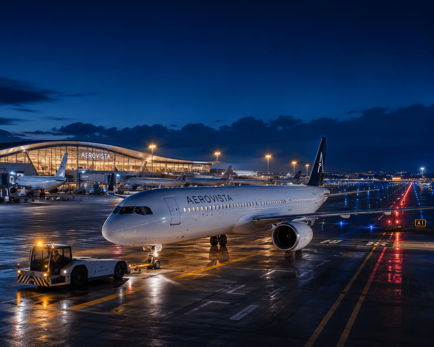 The apron at blue hour, an AeroVista aircraft lit under the stands before the London departure