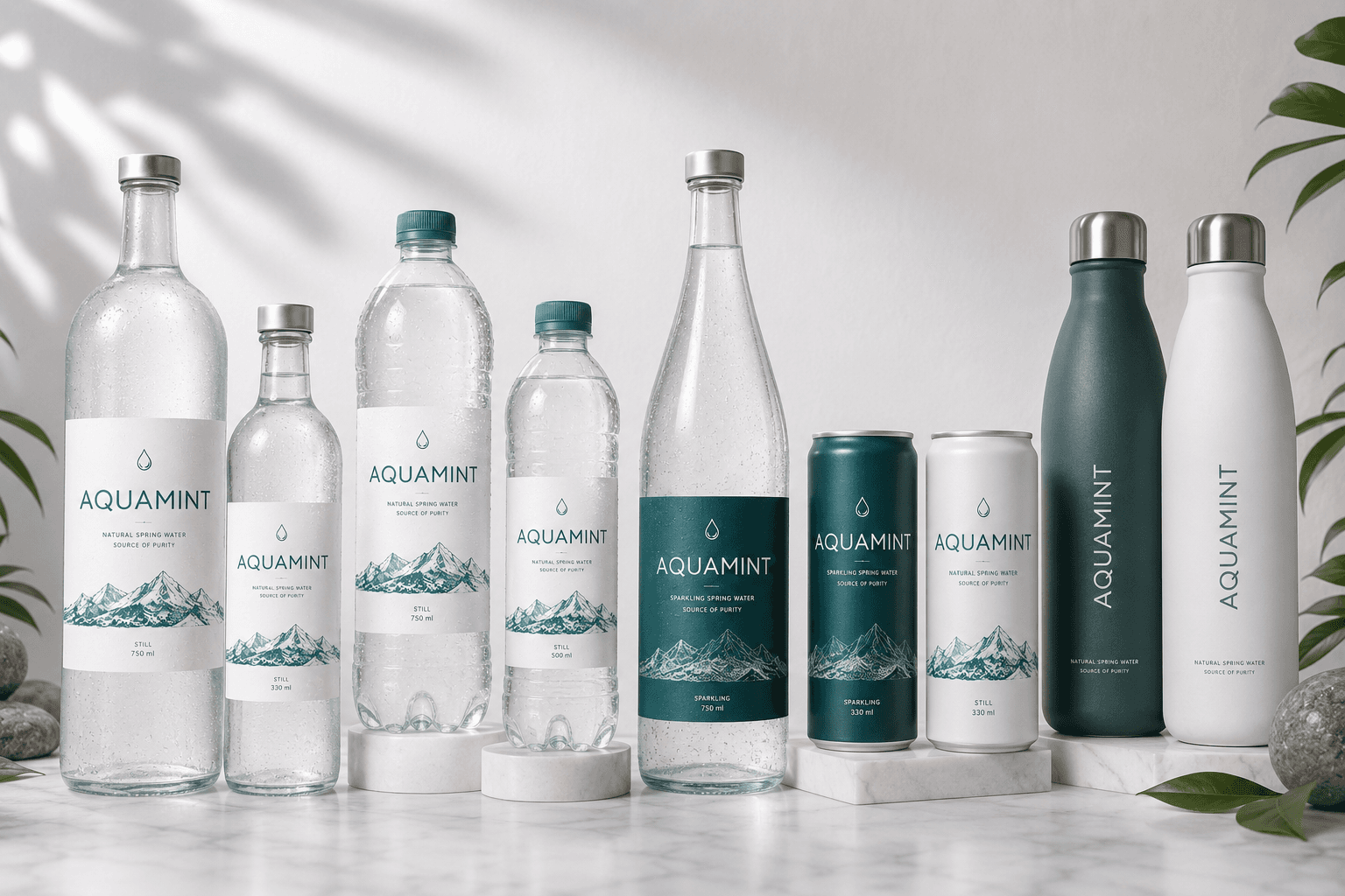 AquaMint flavoured mineral water cans in the product arrangement