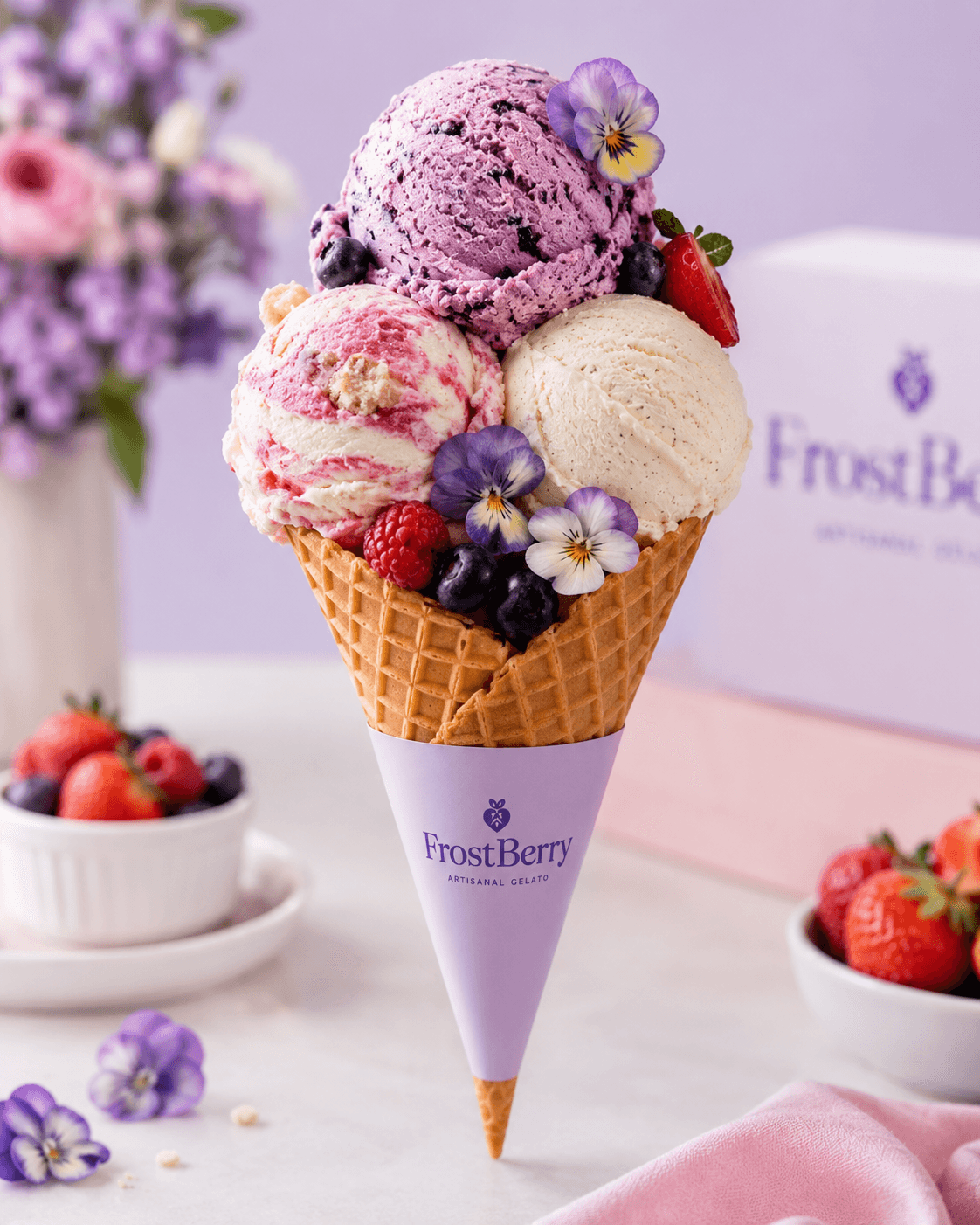 The FrostBerry signature cone, blueberry, berry swirl, and vanilla scoops with violas in a lilac sleeve