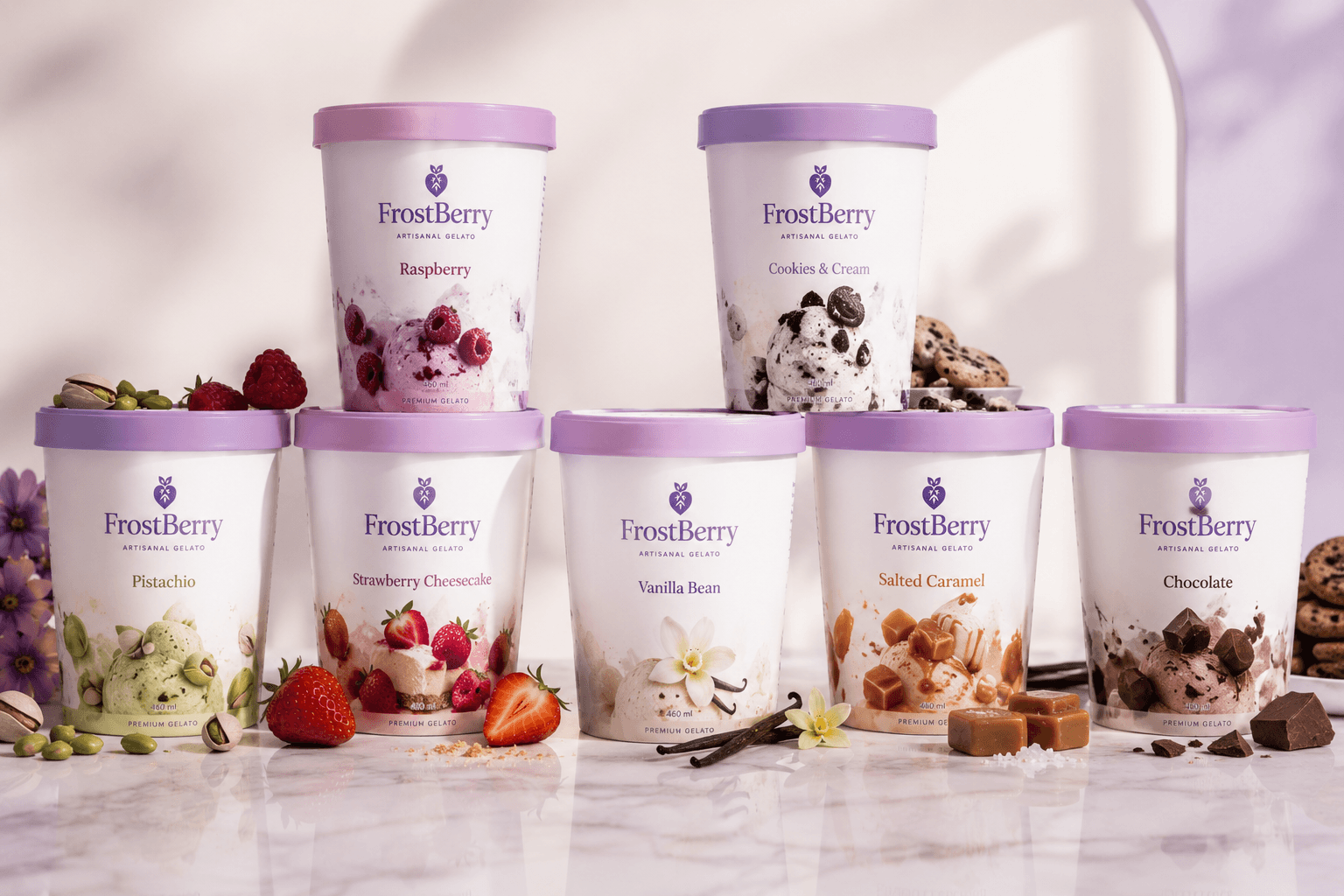 Seven FrostBerry 460 ml pints lined up on marble, raspberry through chocolate