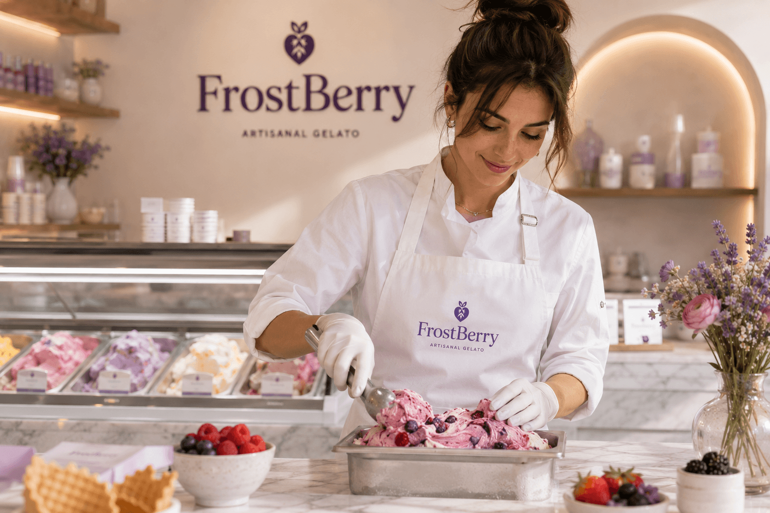 A FrostBerry gelatiere in a white apron scooping fresh berry gelato behind the counter