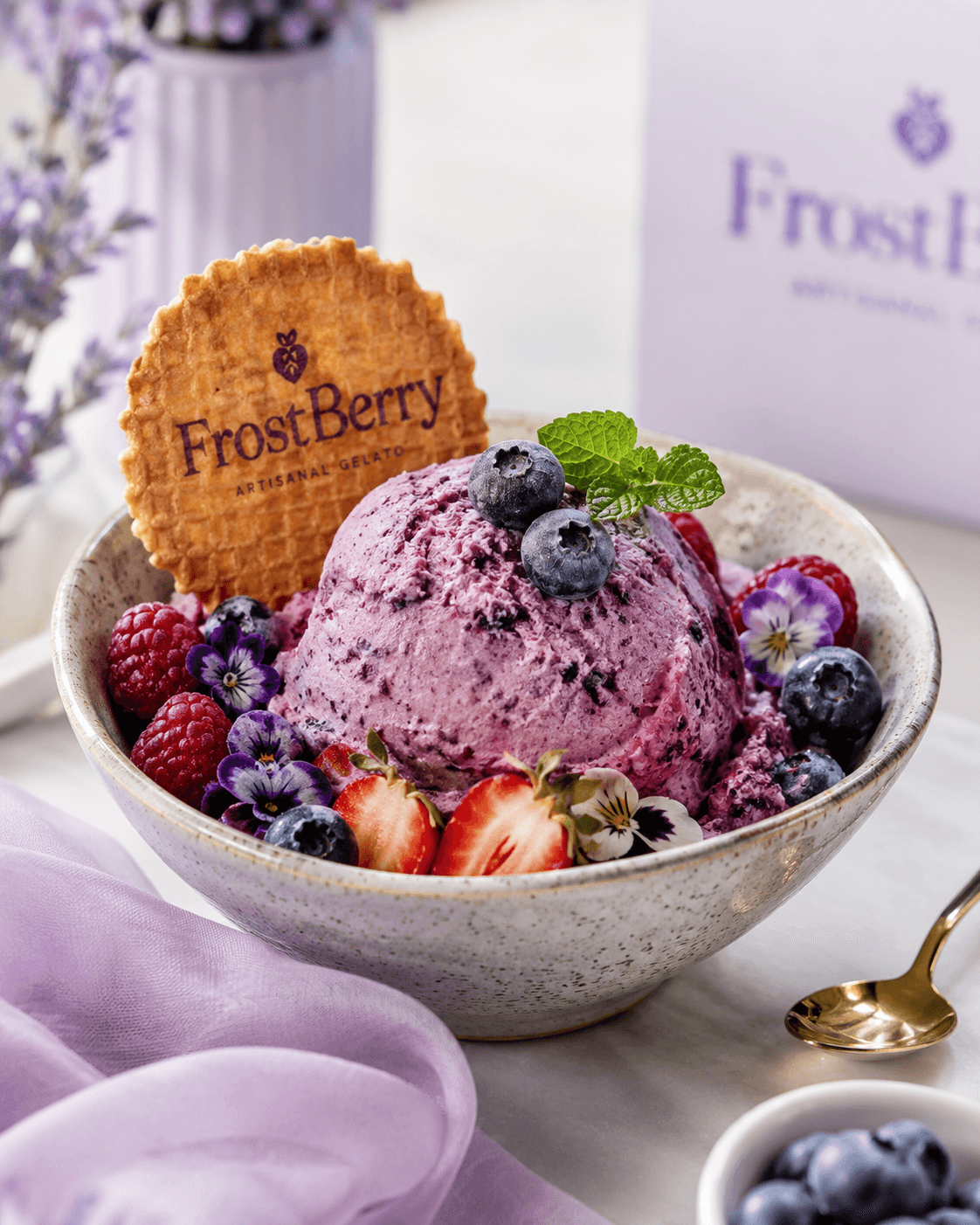 Mixed berry gelato with a FrostBerry wafer and fresh berries
