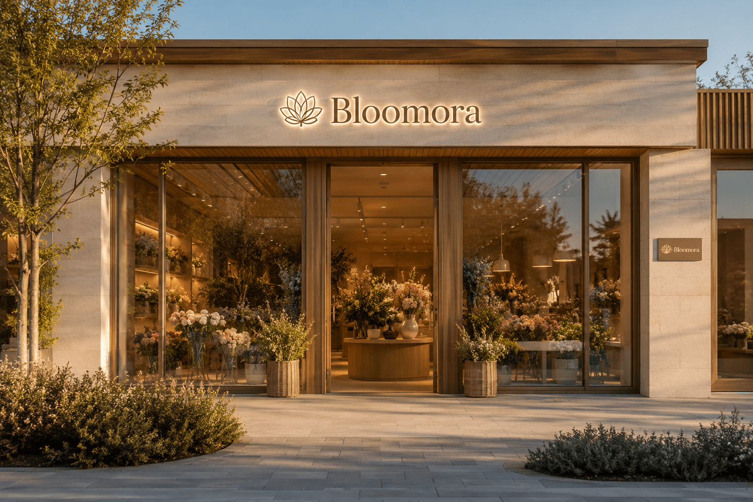 The Bloomora flower shop at golden hour, warm light spilling through tall glass onto buckets of blooms