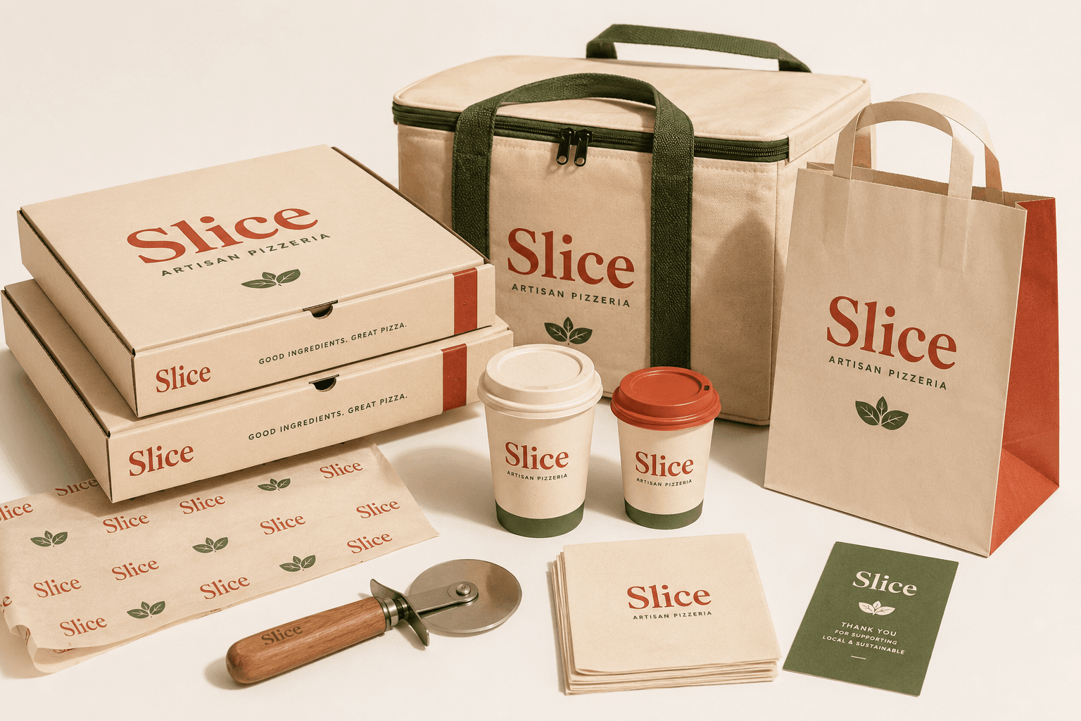 Slice takeout boxes, cups and bags in cream, red and basil green