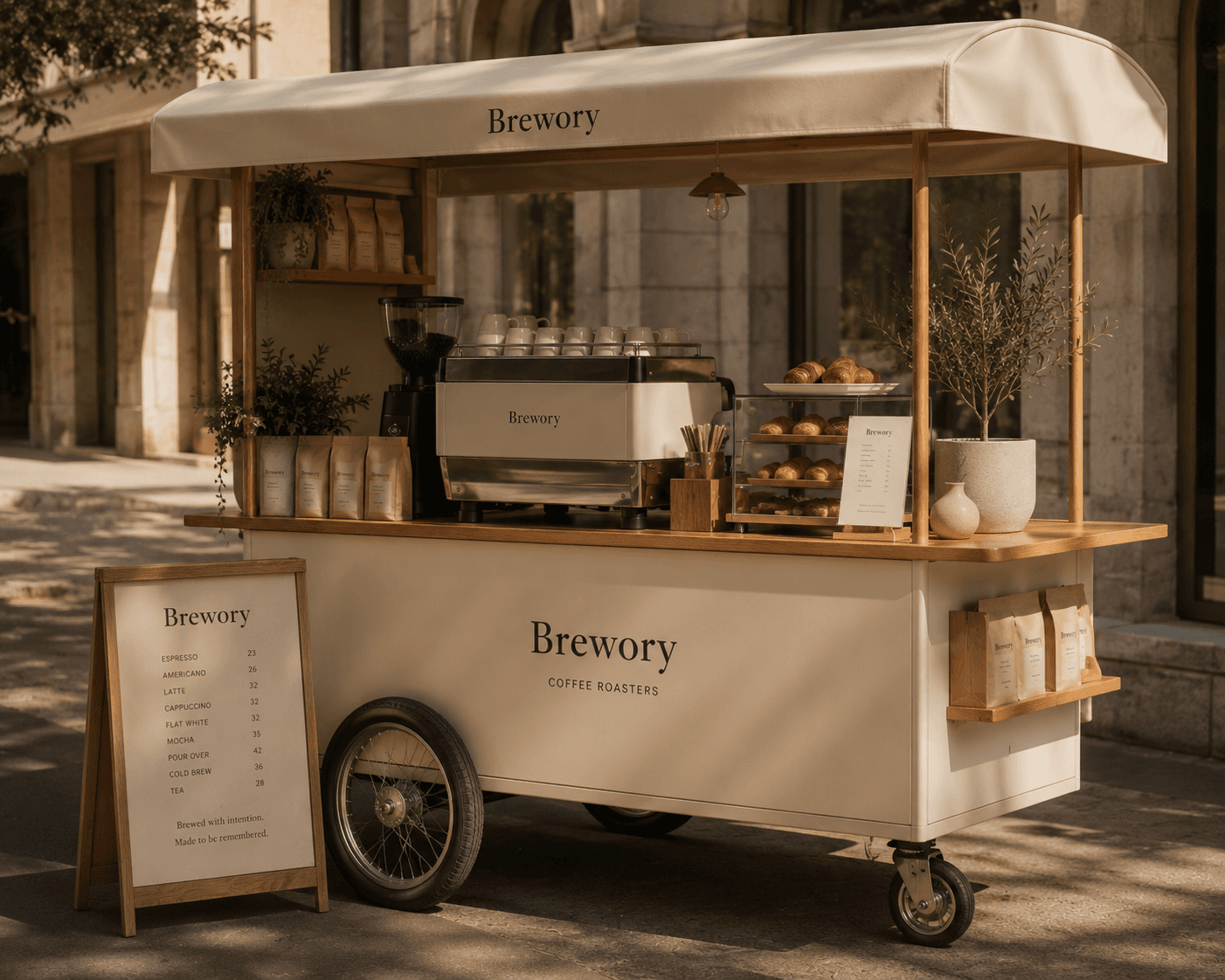 The Brewory coffee cart parked on a sunny street