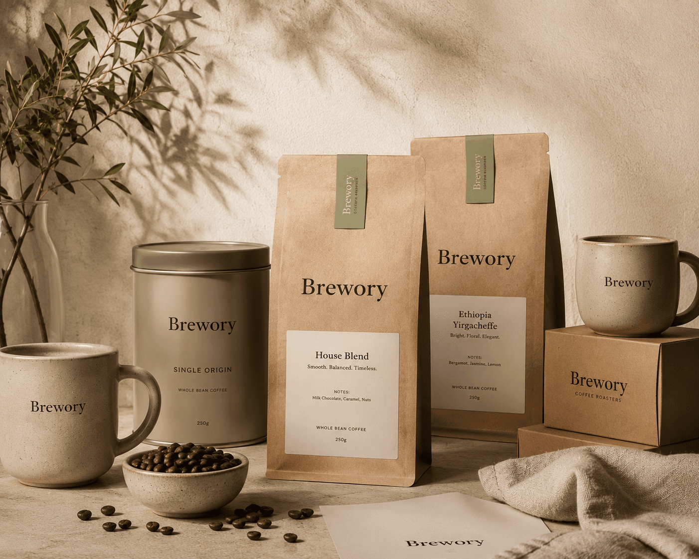 The Brewory collection, House Blend and Ethiopia Yirgacheffe bags with mugs and tins