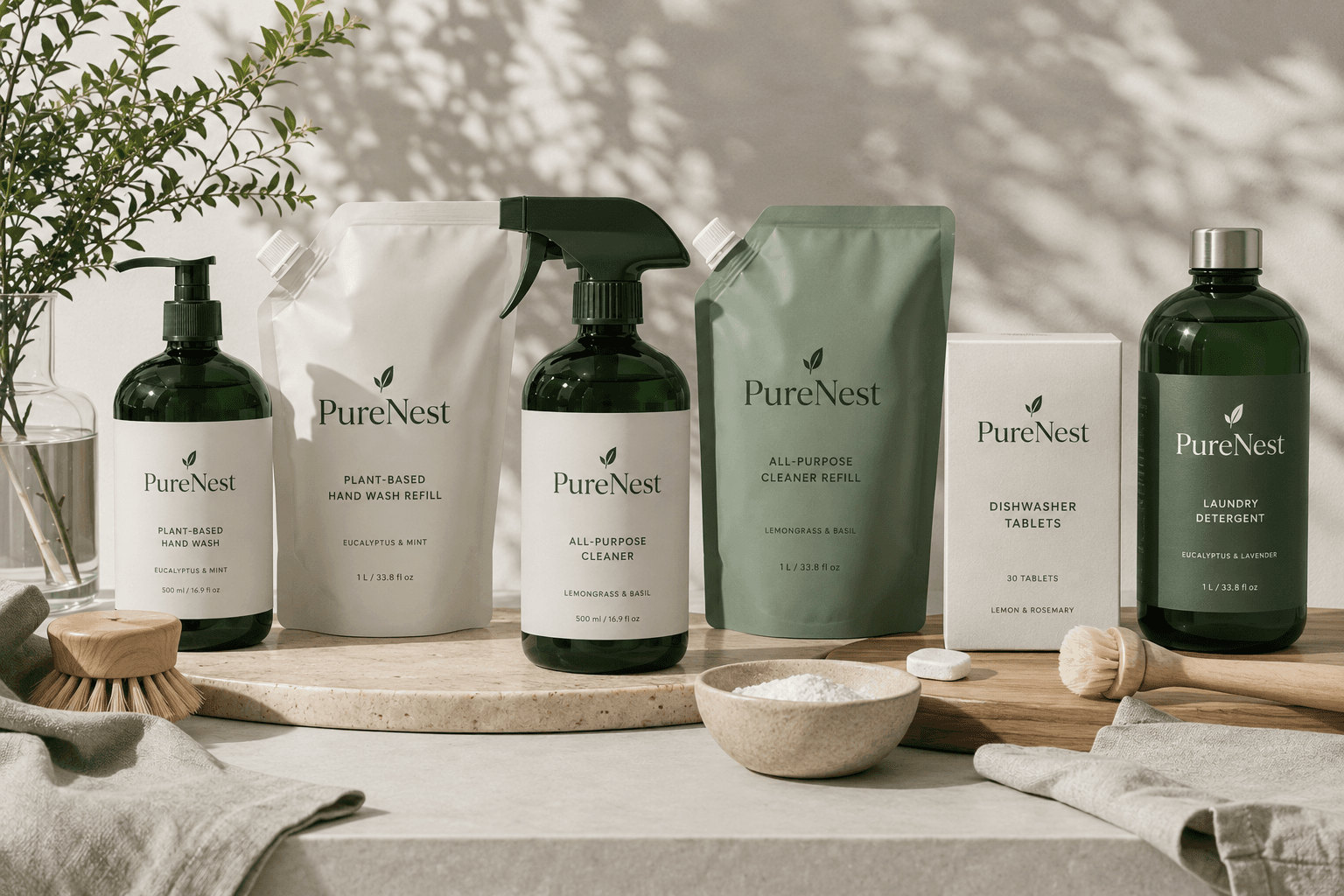 PureNest Dish Soap on a stone plinth with a linen cloth