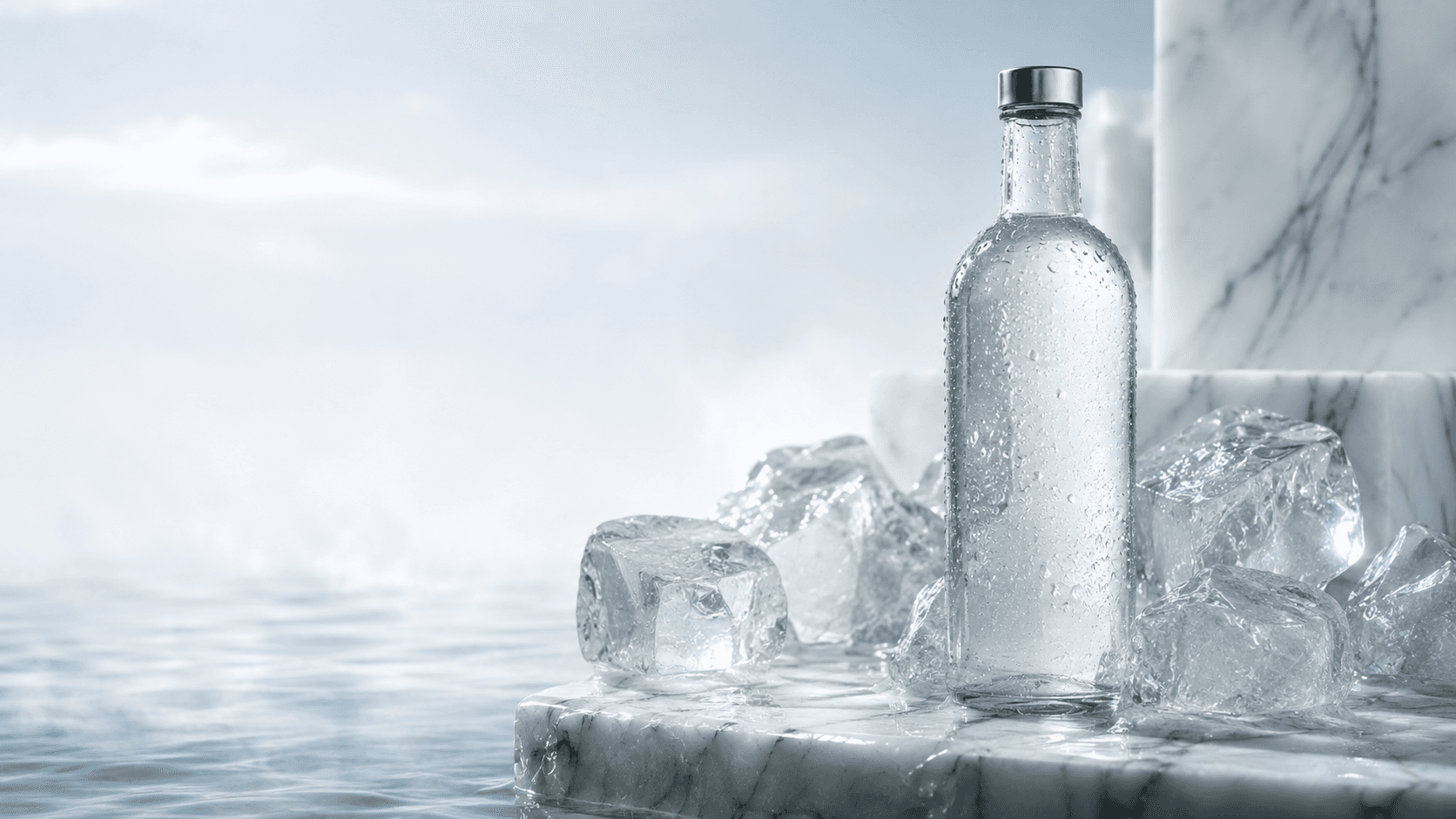 A single unlabelled bottle on wet marble surrounded by ice and cold sea mist