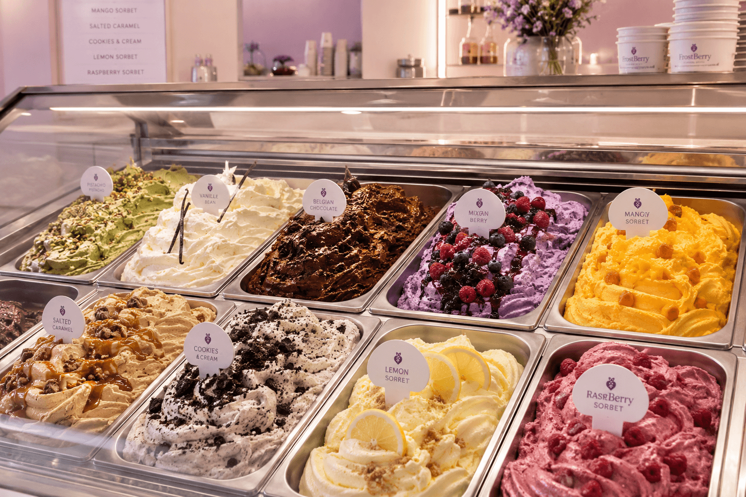 The gelato cabinet, ten labelled trays from pistachio to raspberry sorbet