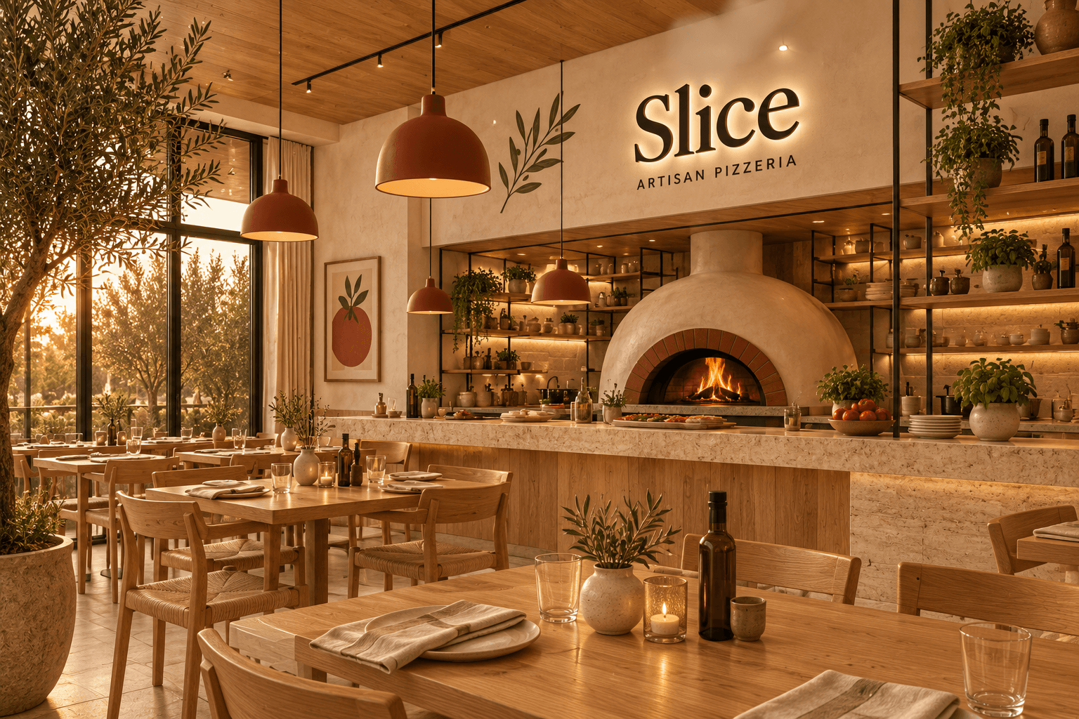 Inside the pizzeria at sunset, the lit Slice sign above the oven