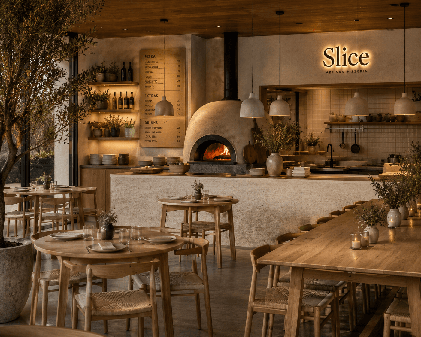 The chalk menu board beside the oven inside Slice