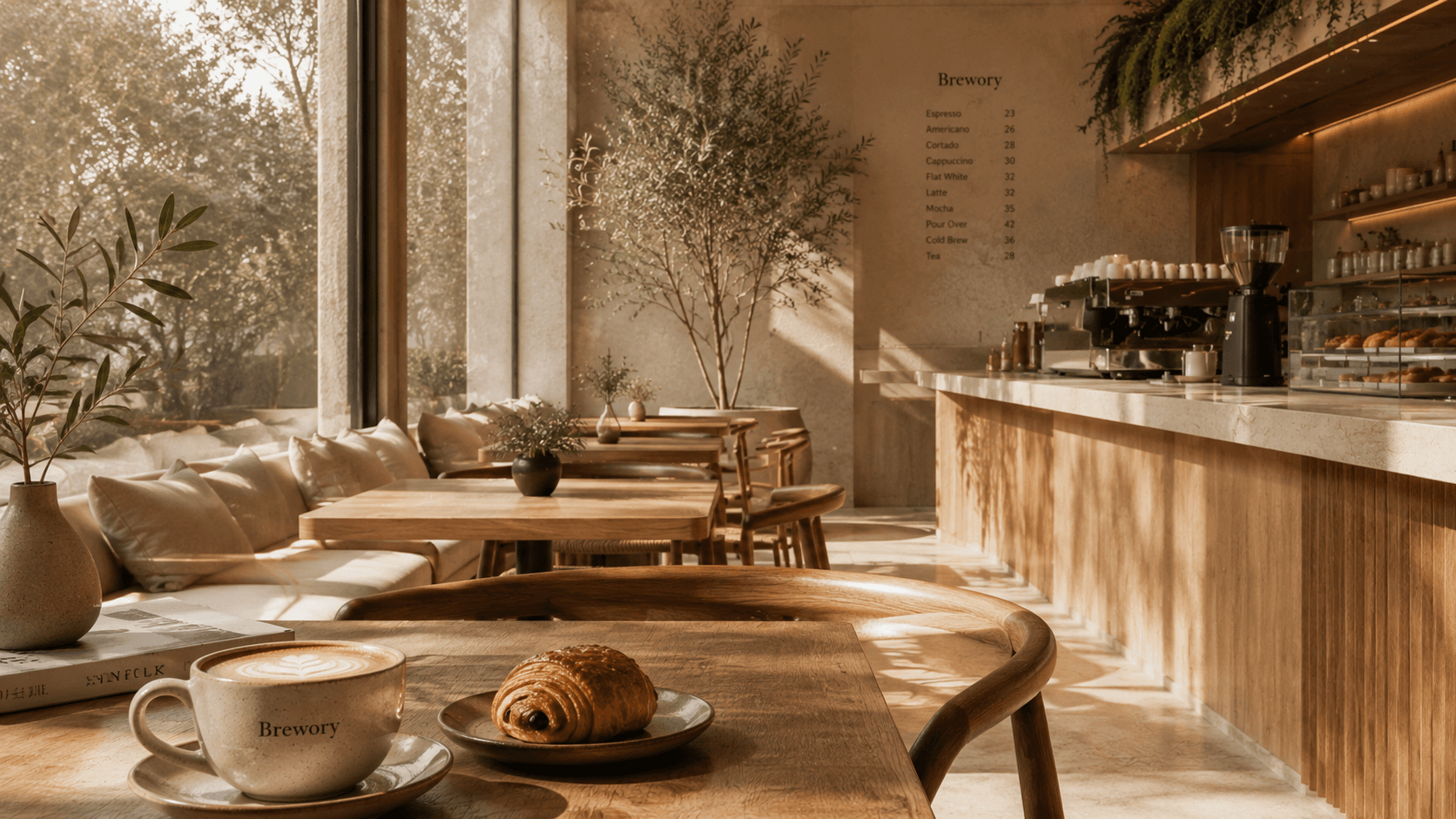 Sunlit Brewory café interior with oak tables and olive trees