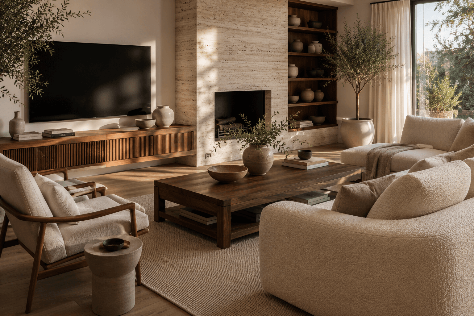 The fluted walnut media unit hung clear of the floor beside the fireplace