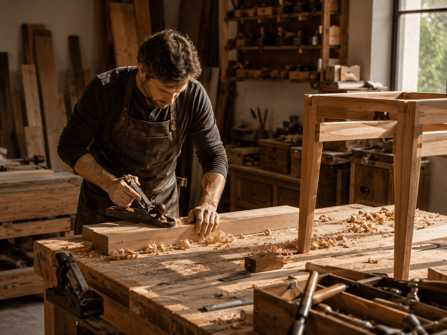 A maker hand planing an oak board at the Kramerville bench, shavings curling off the blade