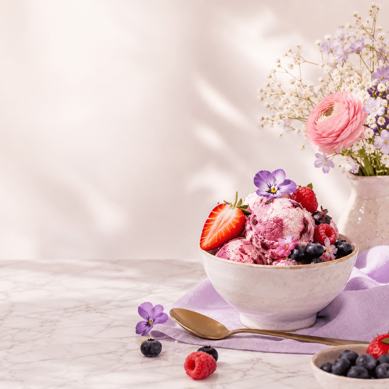 Strawberry cheesecake gelato beside pink ranunculus
