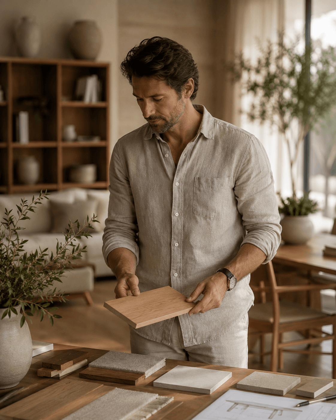A designer weighing an oak sample against linen and stone on the drawing table