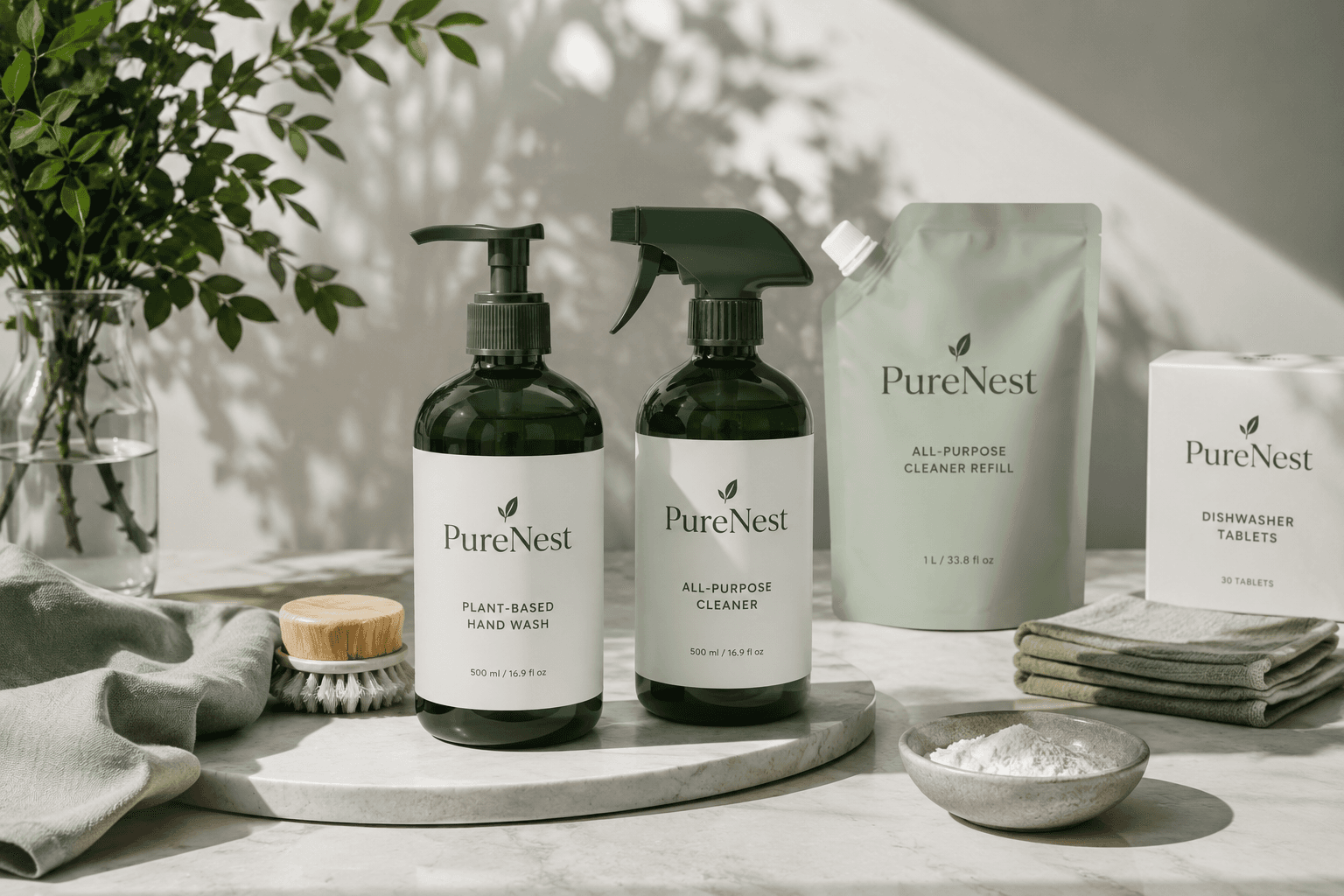 PureNest All-Purpose Cleaner in a dark green glass spray bottle on marble