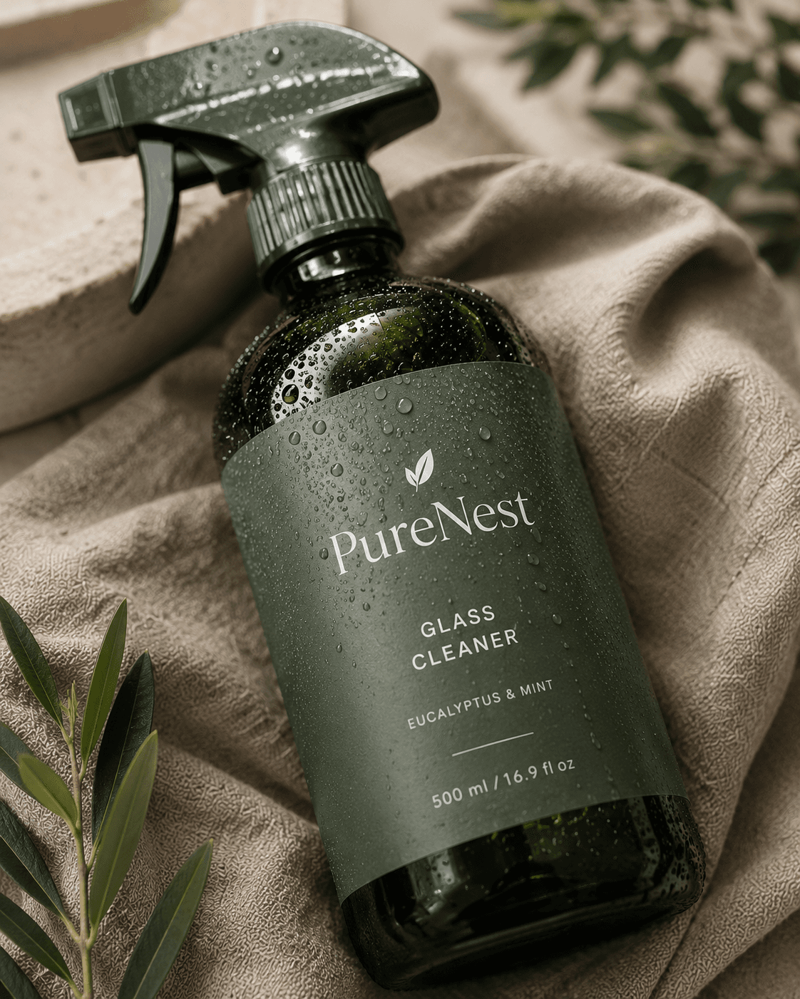 PureNest Glass Cleaner spray bottle beaded with water on linen