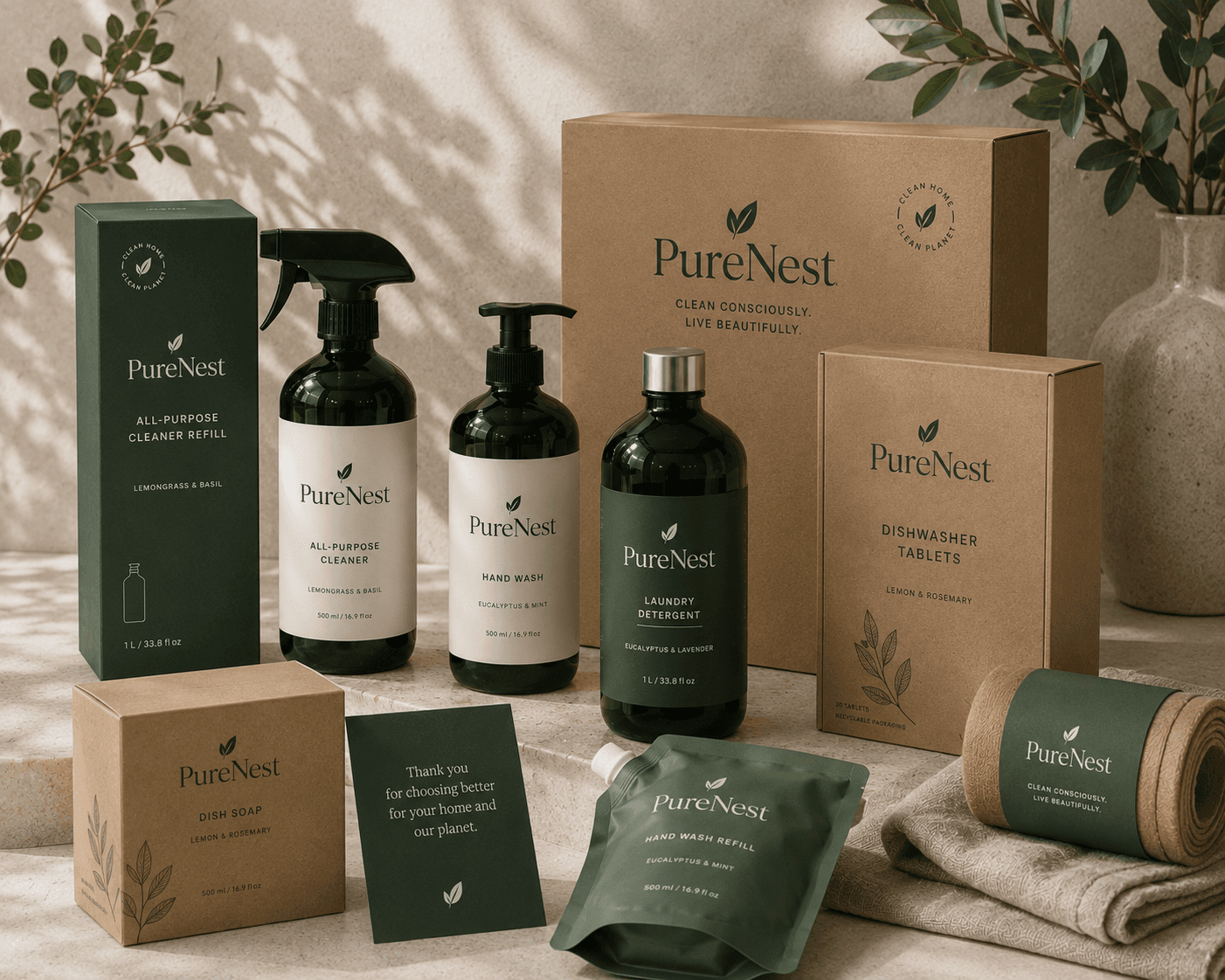 The PureNest range gathered on a counter: spray bottles, a pump, kraft tablet boxes and refill pouches