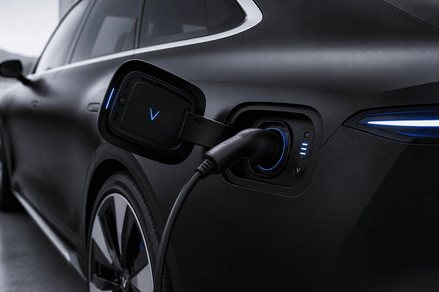 Velora sedan charging at a minimalist charge point