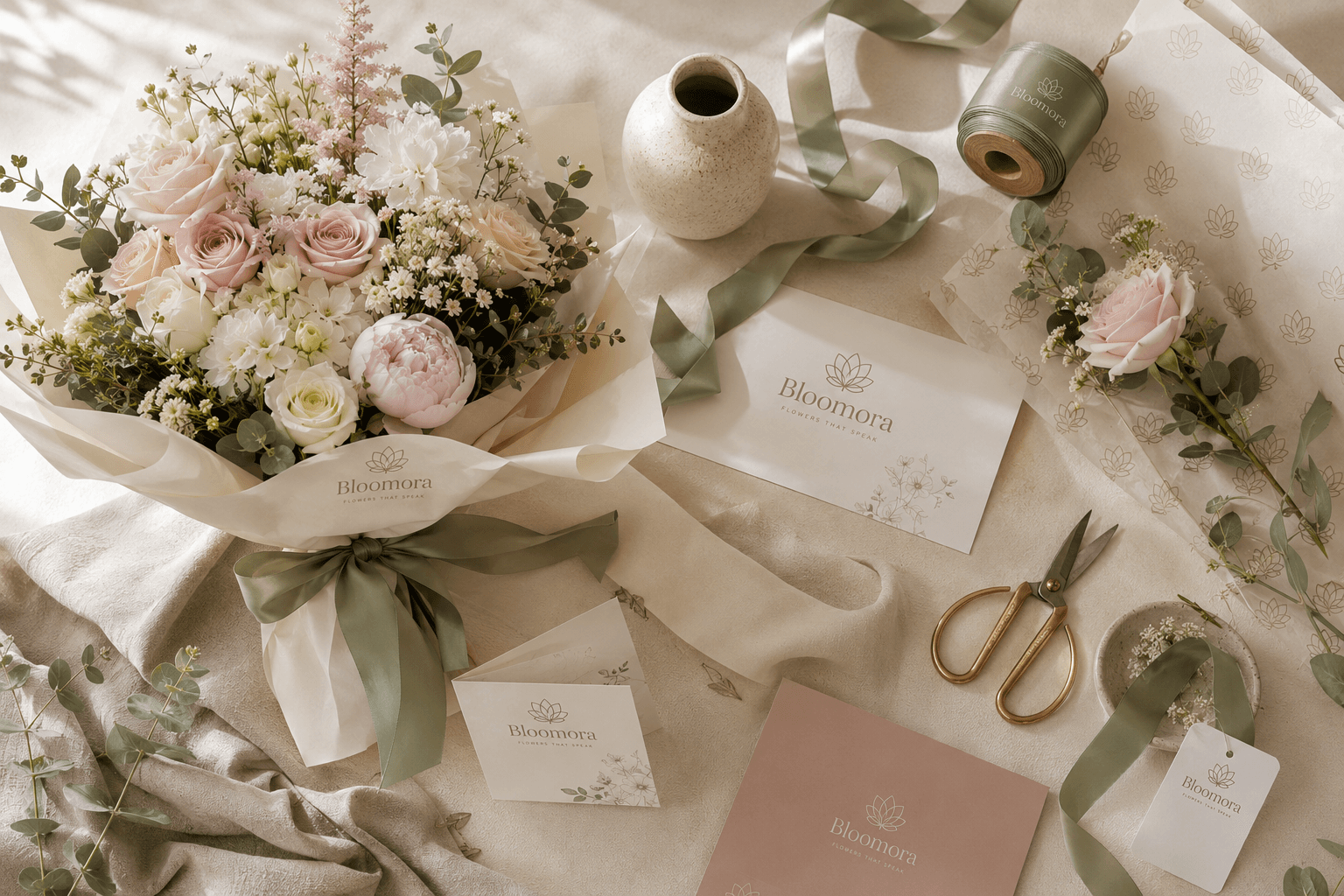 A Bloomora note card and ribbon laid out beside a finished bouquet