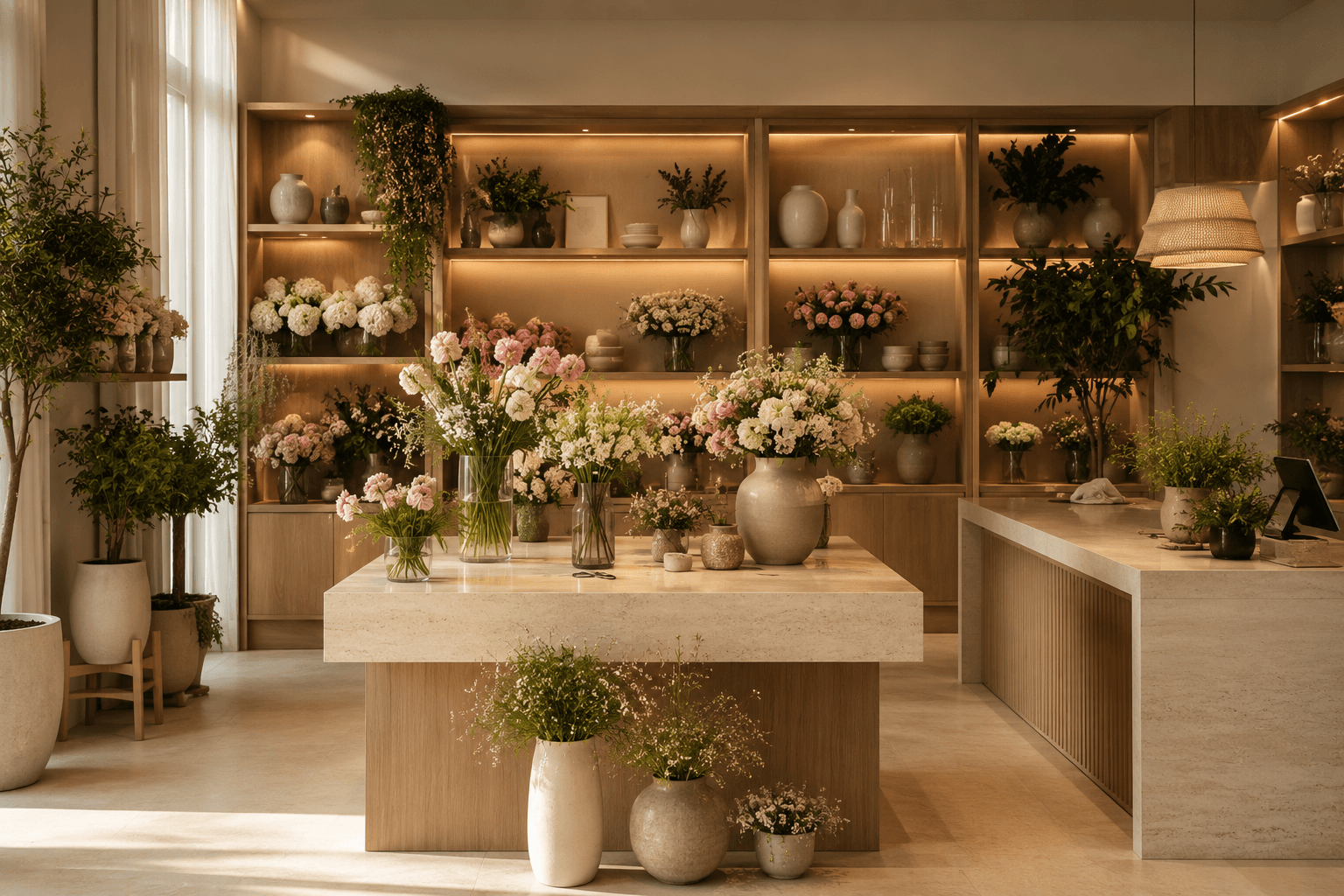 Inside the Bloomora shop: pale timber shelves, glass buckets and stems in soft daylight