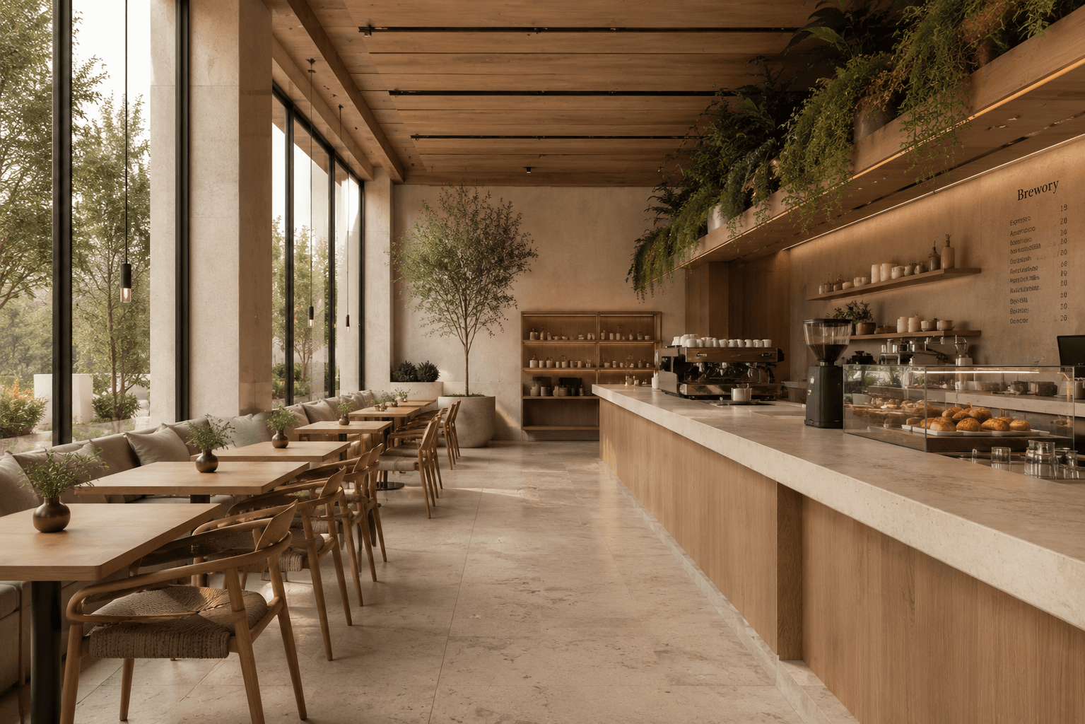Quiet corner of the Brewory café with linen sofas