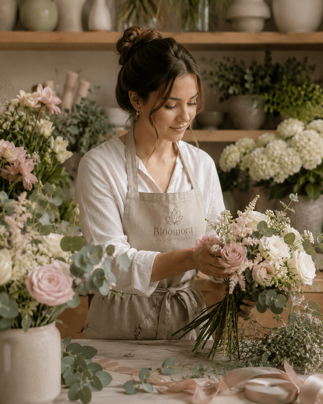 A Bloomora florist stripping and cutting stems at the studio bench