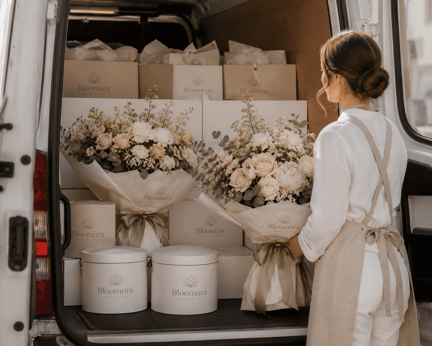 Bouquets loaded into the Bloomora delivery van
