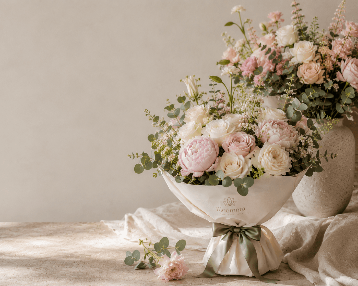 The Sunday Letter bouquet: cream ranunculus, spray roses and astilbe tied with sage ribbon