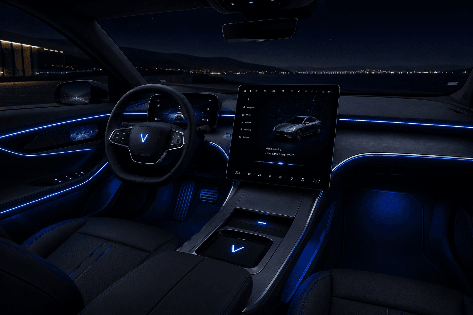 Velora interior lit at night