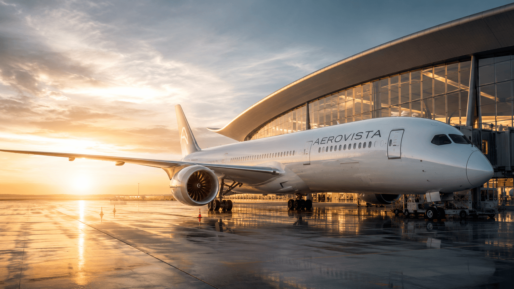 An AeroVista aircraft at the gate at golden hour, the terminal glass glowing behind it