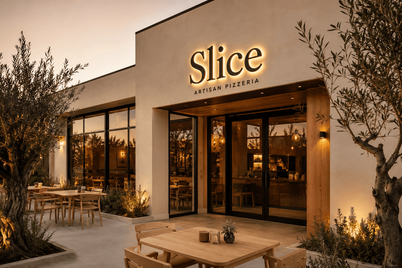 The Slice pizzeria terrace at golden hour, olive trees and a lit sign